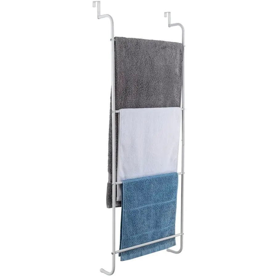 4 Rung White Metal Ladder Over The Door Towel Rack Bathroom Towel Holder, Space Saving Over Shower Door Drying Rack for Towels a