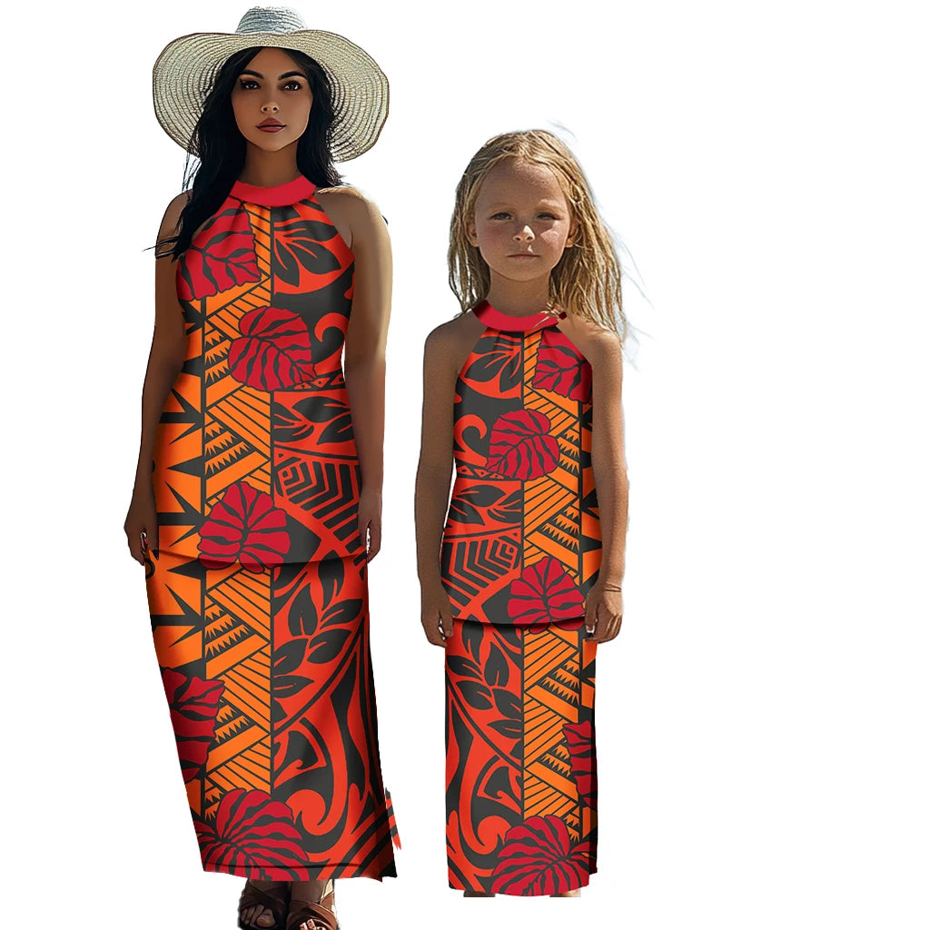 Polynesian Tribal Matching Family Outfits Samoan Puletasi Dress Toddler Girls Dresses Kids Clothes