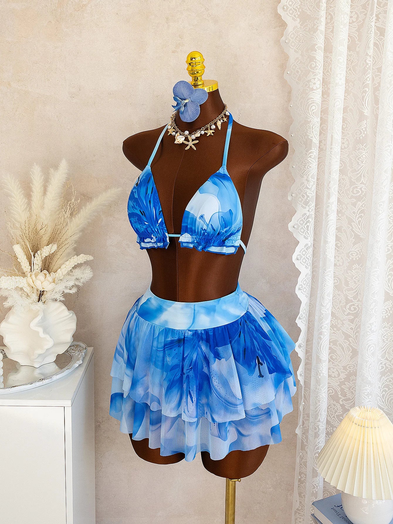 Women's Blue Floral Print Bikini Set, Halter Ruffled Triangle Top with Layered Mesh Skirt Two Piece Swimsuit for Beach Vacation