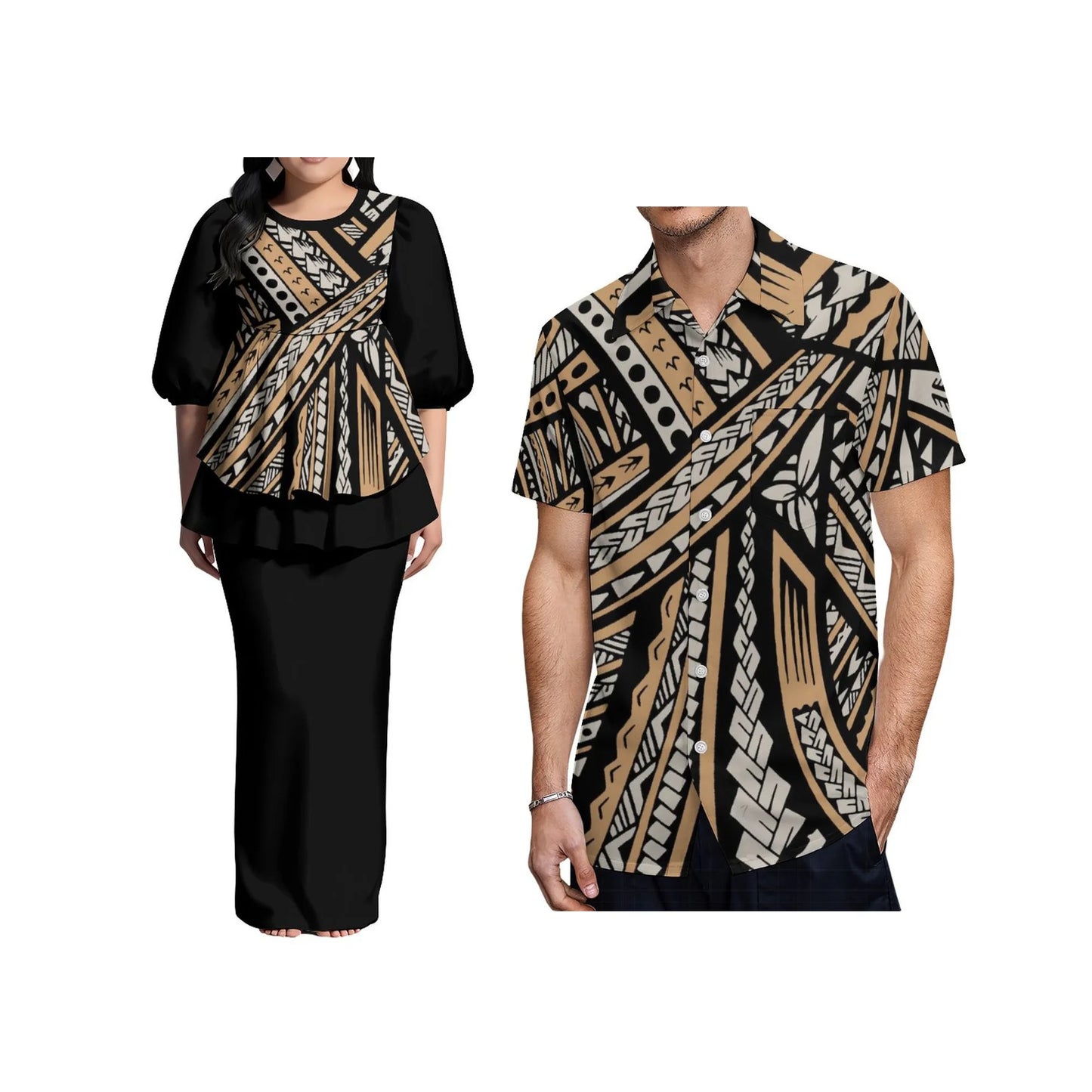 Ladies Puletasi Dress Samoan Print Polynesian Puff Half Sleeve Long Maxi Dress Back Slit Dress 2 Piece and Men's Aloha Shirts