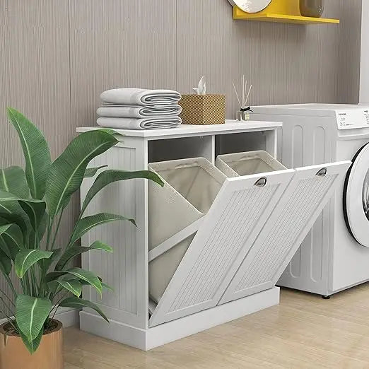 Modern Double Tilt-Out Laundry Hamper Cabinet with Removable Fabric Baskets for Wooden Bathroom Storage
