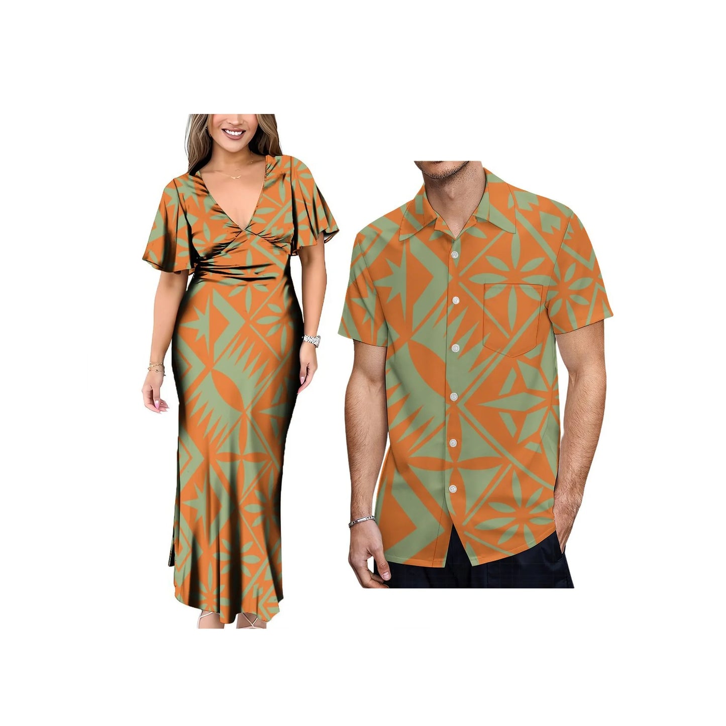 New 1MOQ Custom Print Polynesian Island Style Dress Neck Bels Flare Sleeve Long Dress Big People Size Party Dress