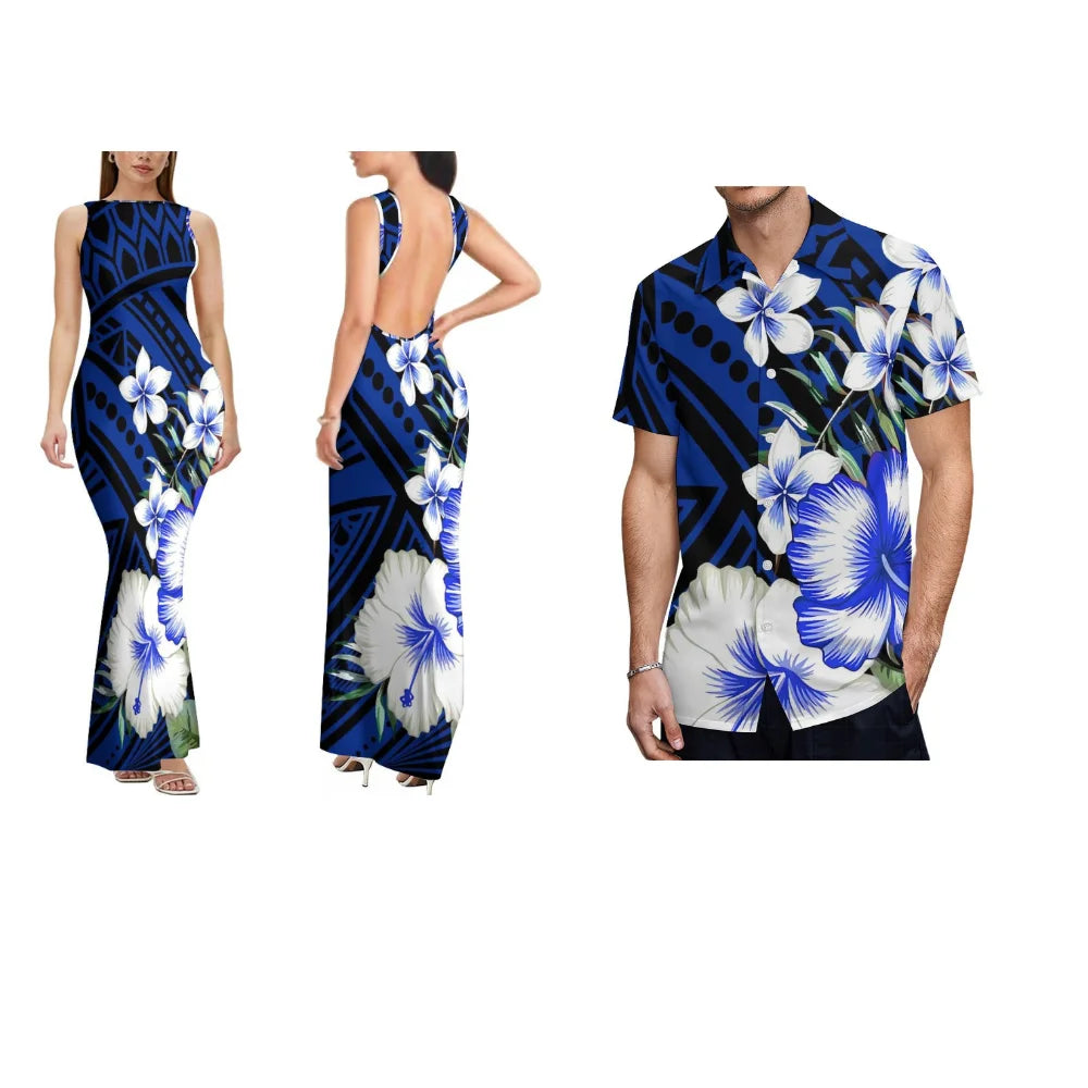 Summer Comfortable And Soft Fabric Couple'S Dress Women'S Dress Floral Design Backless Sleeveless Long Fitted Dress Men'S Shirt