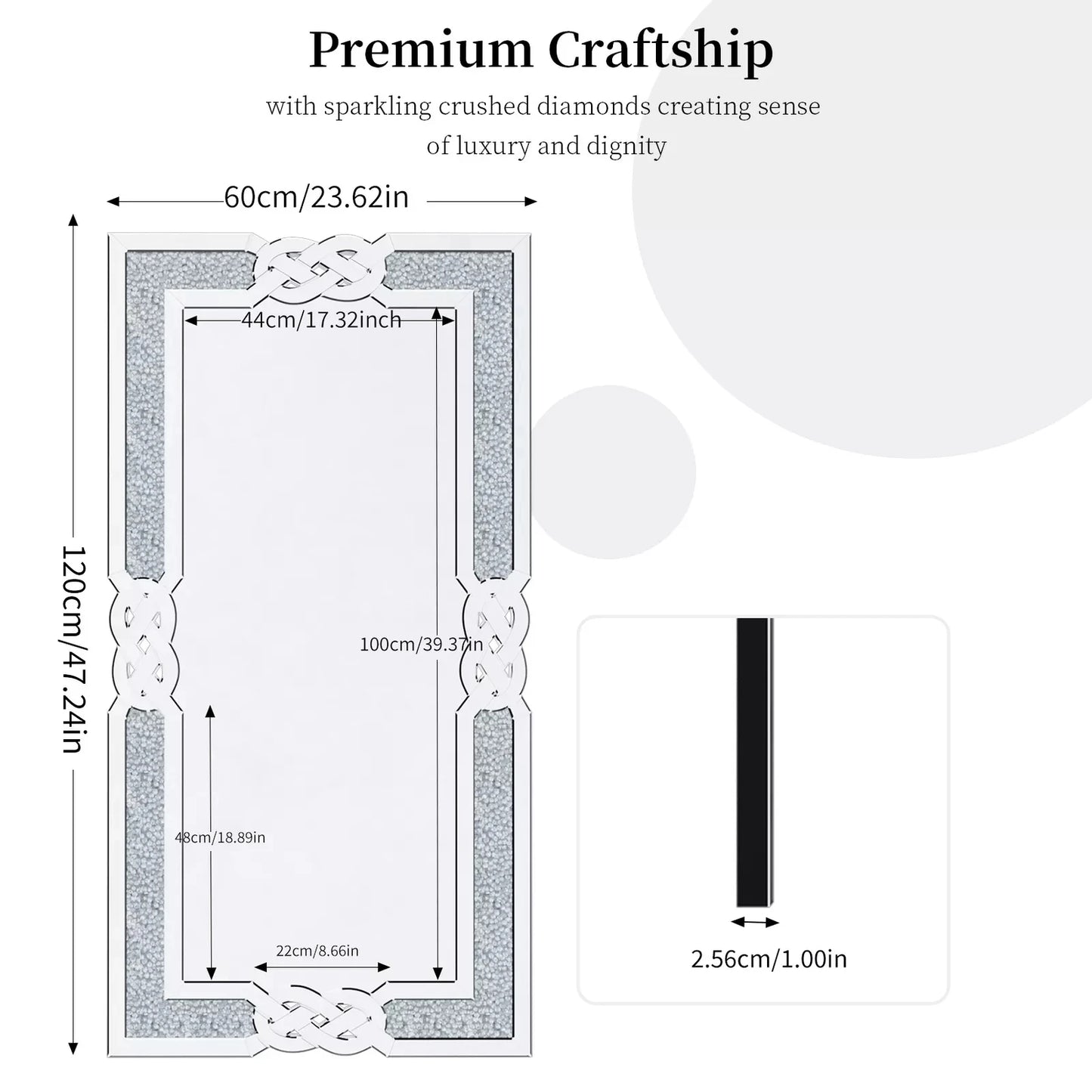 Crushed Diamond Wall Mirror Rectangular Glass Silver Vanity with Decorative Glam Bling Crystal Frame Edge