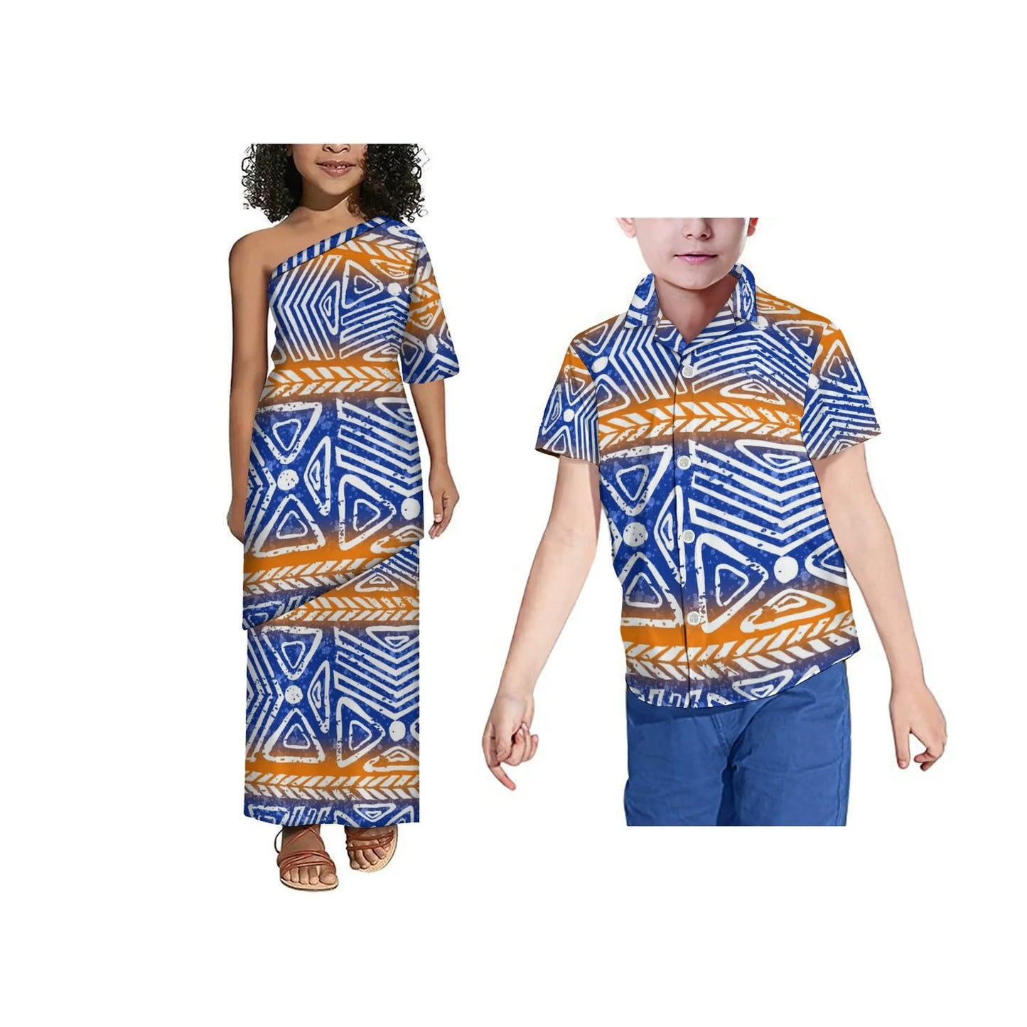 Hot Sale Custom Polynesian Tribal Print Girls Puletasi Kids Off Shoulder Toddler Dress Children 2 Piece Set Dress