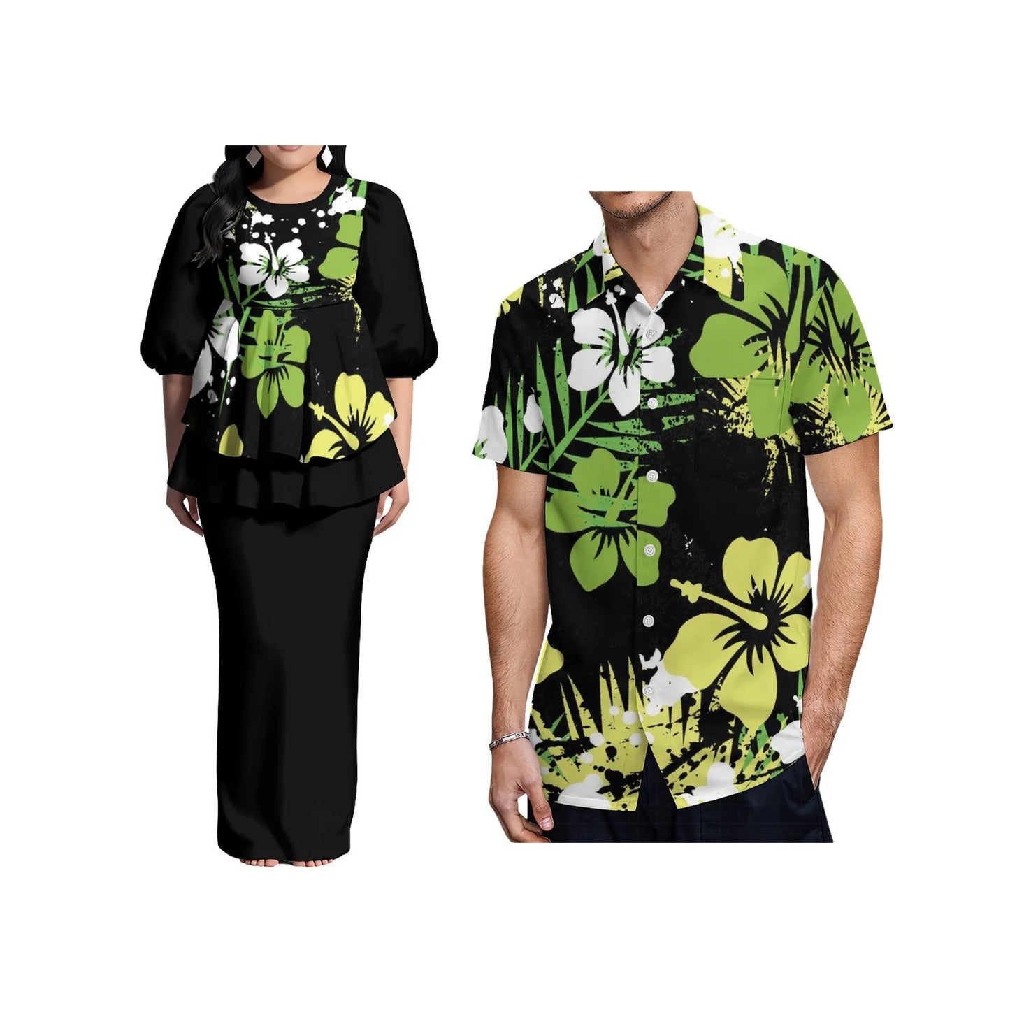 Ladies Puletasi Dress Samoan Print Polynesian Puff Half Sleeve Long Maxi Dress Back Slit Dress 2 Piece and Men's Aloha Shirts