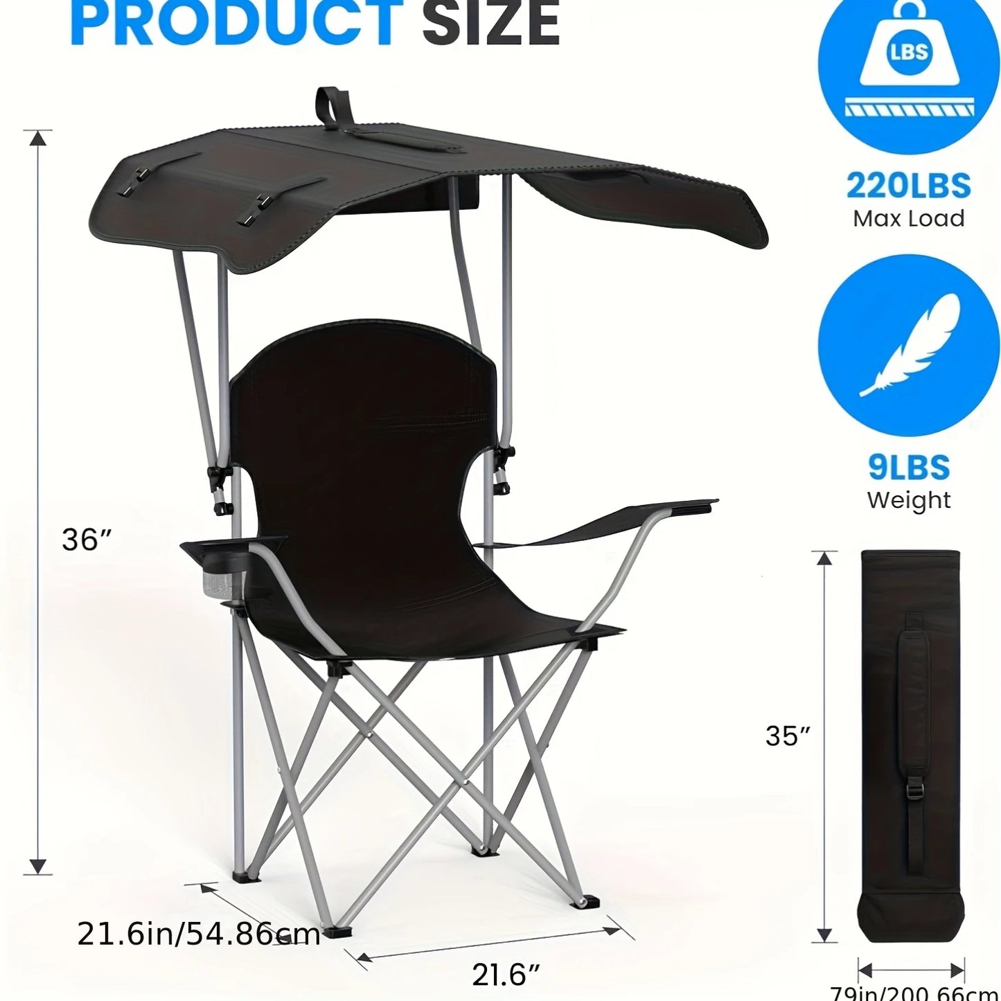 Portable folding fishing chair with sunshade - equipped with cup holder, portable and lightweight design, suitable for beaches