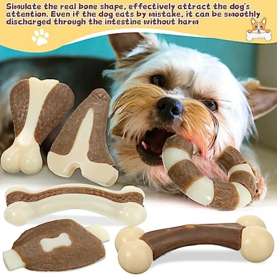 6 Pieces Chew Toys for Aggressive Chewers Real Beef Flavor Dog Teething Chew Bones