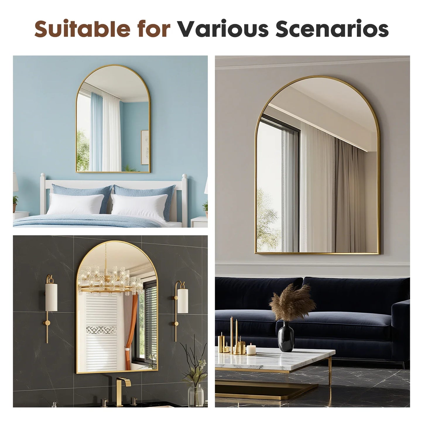 26"x38" Arched Metal Framed Bathroom Mirrors for Wall  Hanging Mirror Glass Mirror Modern Wall Decor For Bedroom Entryway