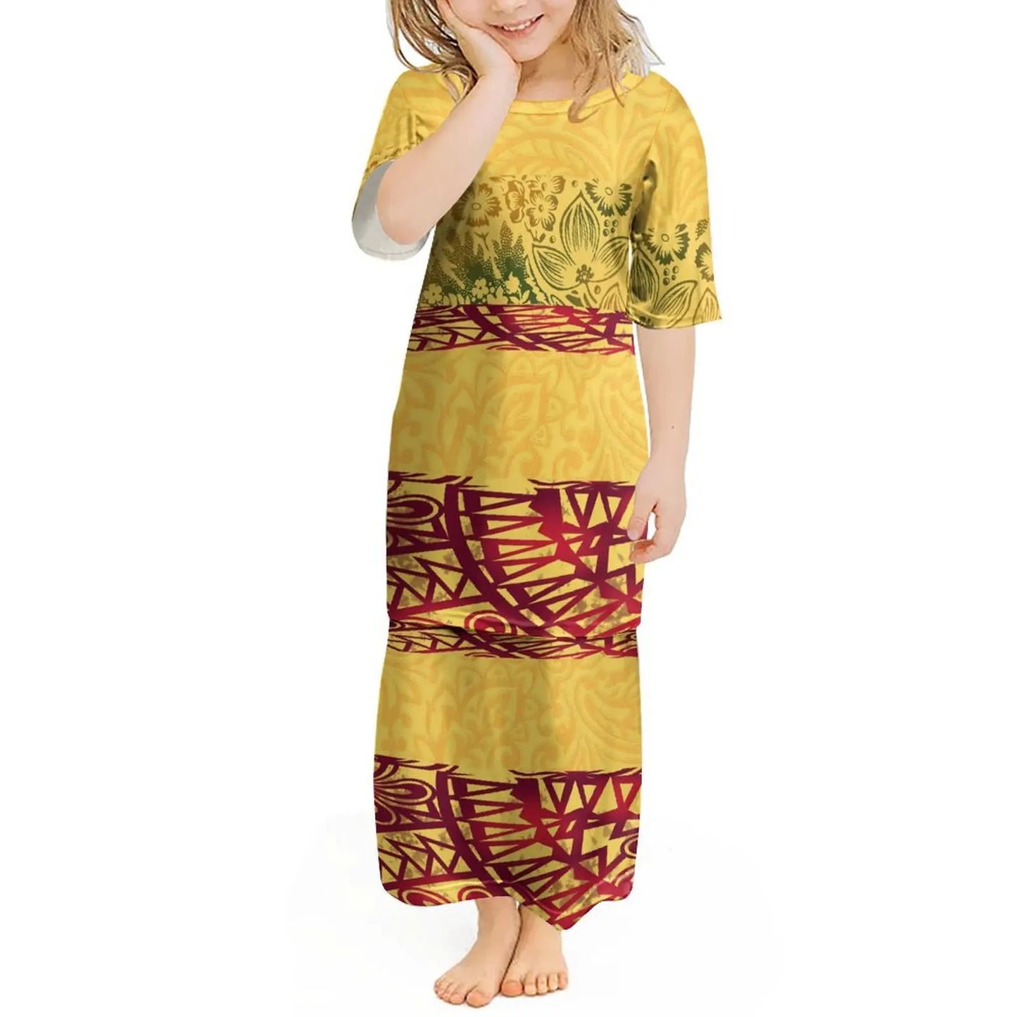 Custom Polynesian Girls Puletasi Pacific Island Floral Print Summer Crewneck Short Sleeve Maxi Party Kids Set Dress