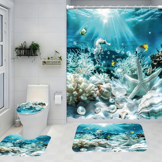 Ocean Bathroom Four-piece Set - Avant-garde Waterproof Shower Curtain, creating a complete bathroom kit