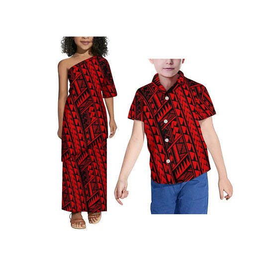 Drop Shipping Tonga Polynesian Tribal Print Summer Kids Off Shoulder Short Sleeve Dress Samoan Puletasi Clothes 2 Pieces Sets