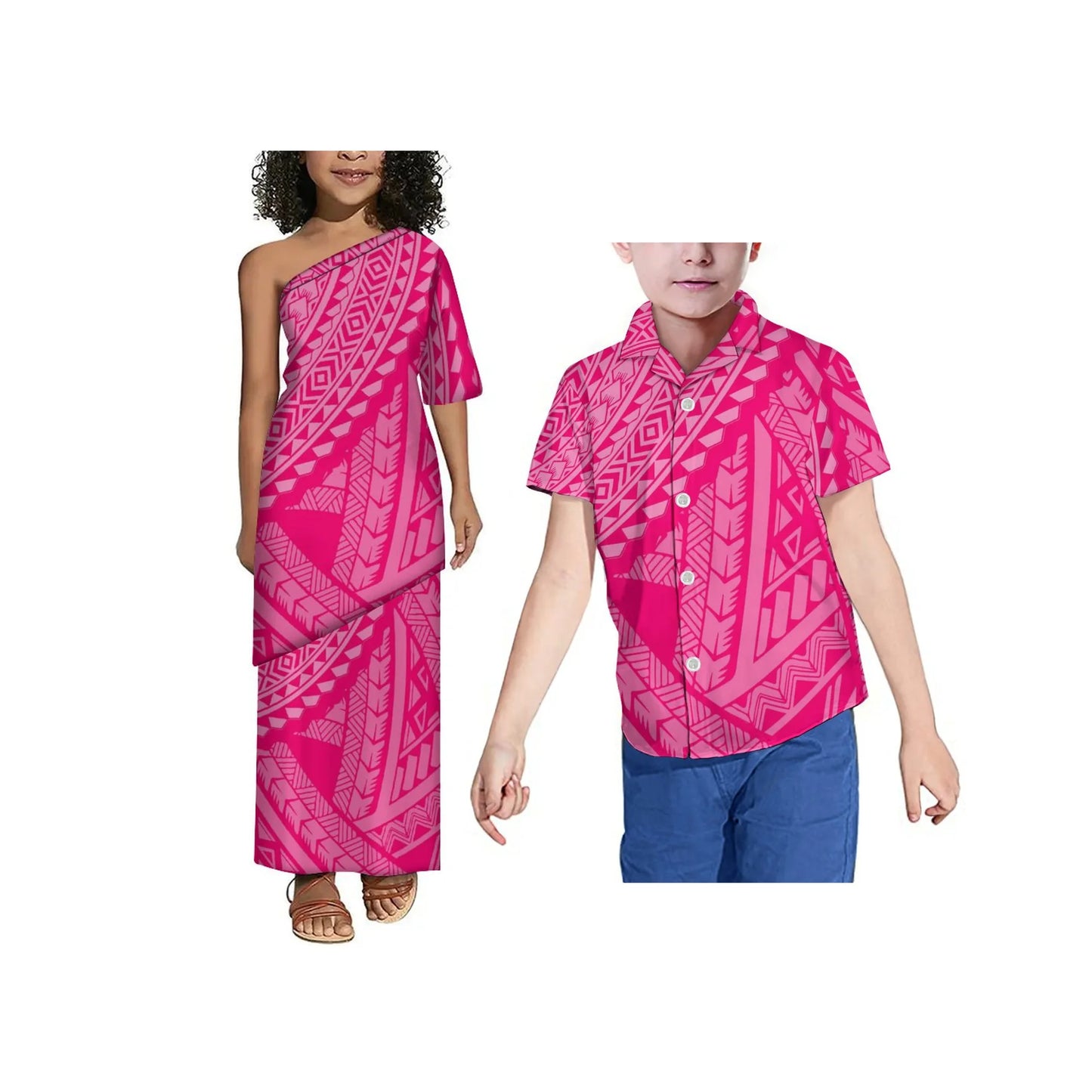 Drop Shipping Tonga Polynesian Tribal Print Summer Kids Off Shoulder Short Sleeve Dress Samoan Puletasi Clothes 2 Pieces Sets