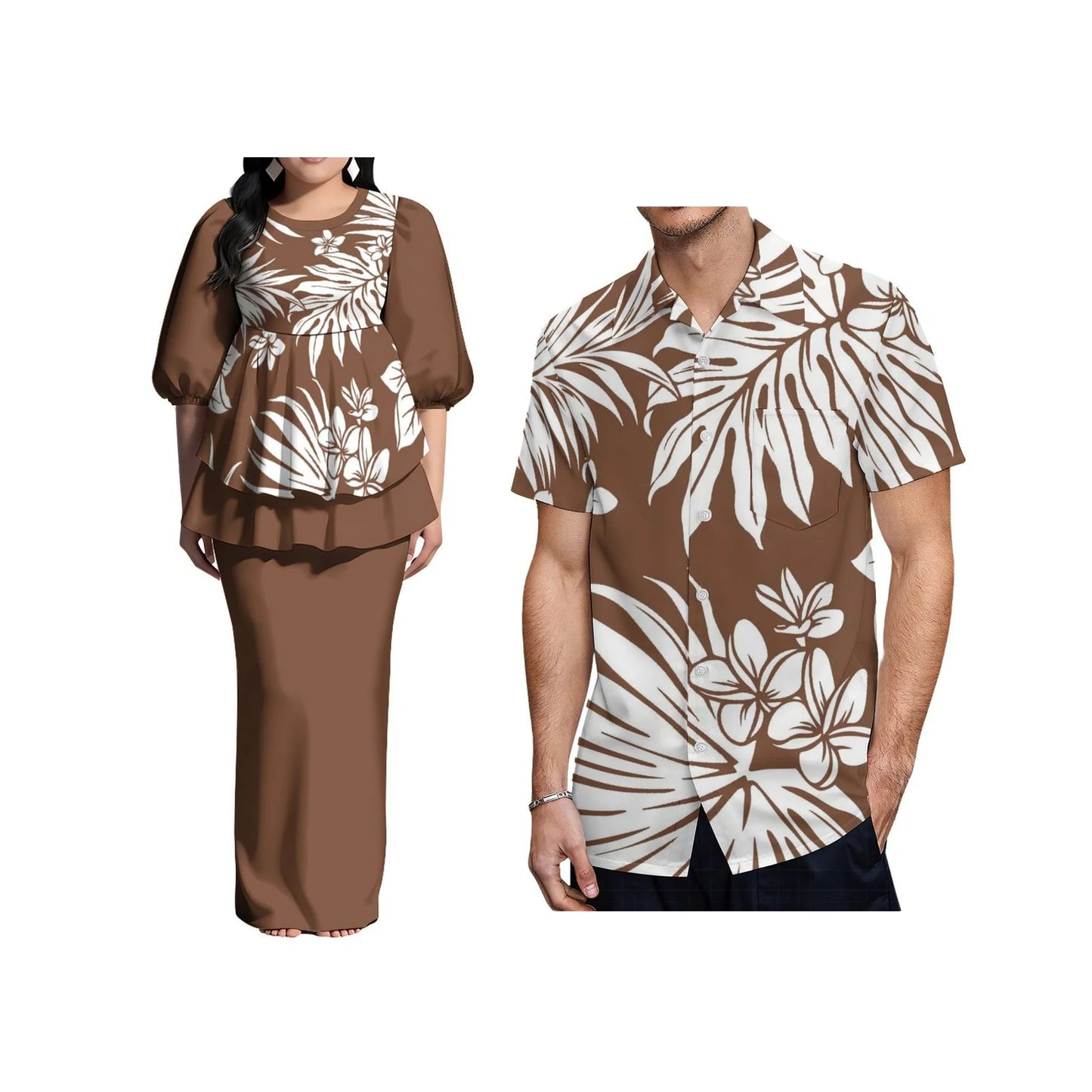Ladies Puletasi Dress Samoan Print Polynesian Puff Half Sleeve Long Maxi Dress Back Slit Dress 2 Piece and Men's Aloha Shirts