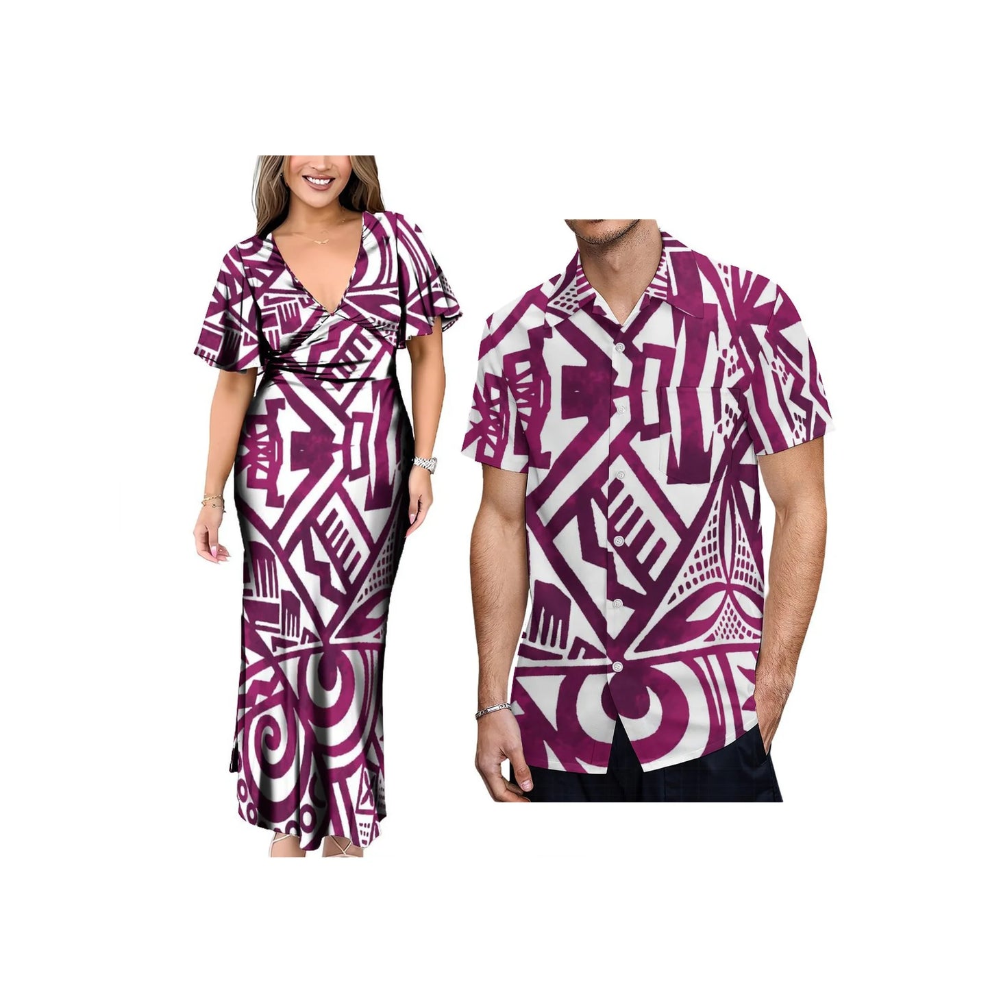 New 1MOQ Custom Print Polynesian Island Style Dress Neck Bels Flare Sleeve Long Dress Big People Size Party Dress