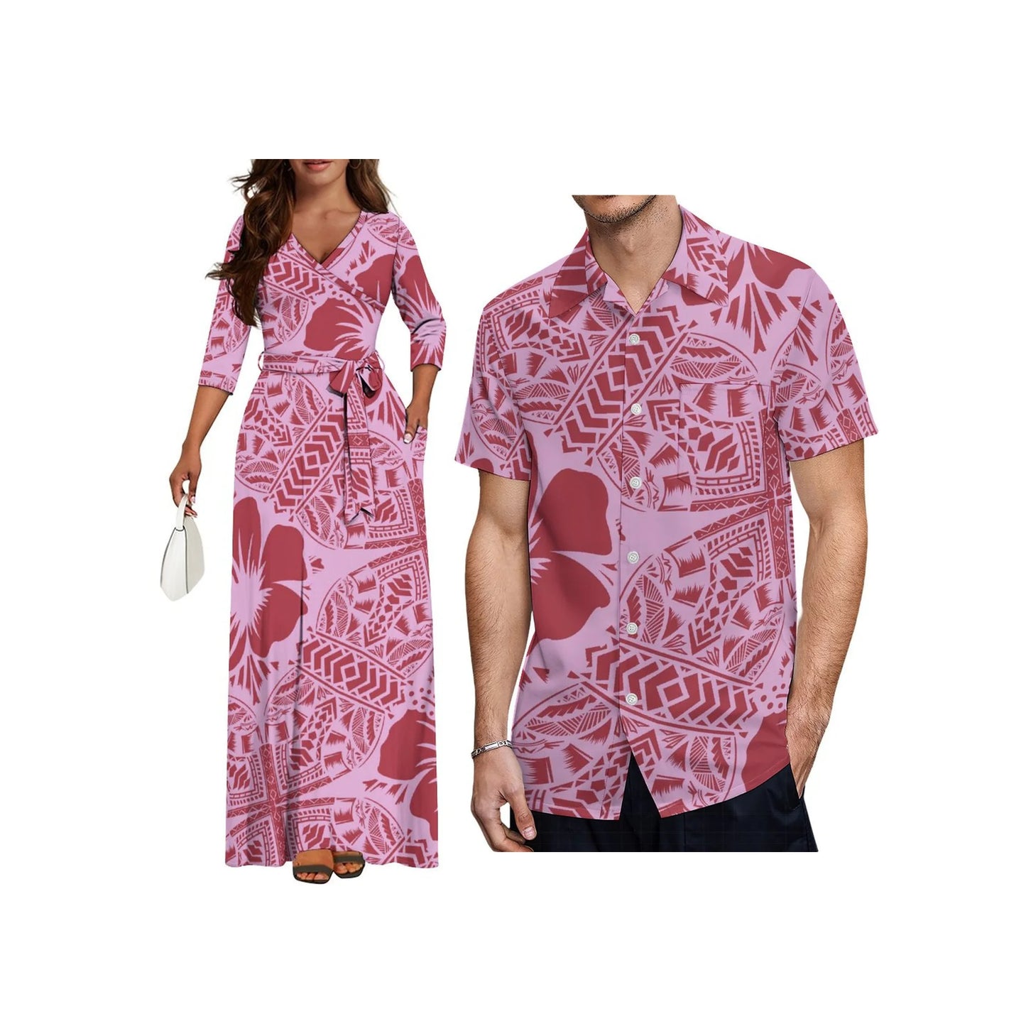Wholesale Custom Half Sleeve V Neck Tie-Up Long Dress Polynesian Tribal Design High Waist Belt Pocket Ladies Dress