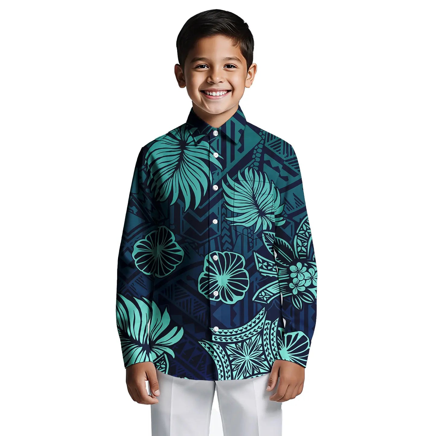 Custom Print on Demand Boys Beach Tropical Hawaii Shirt Boy Polynesian Tribal Button Down Aloha Long Sleeve Boys Shirts