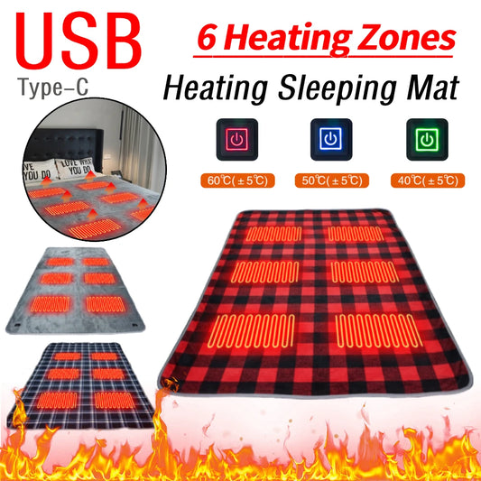 Camping USB Heating Sleeping Mat 3 Adjustable Temperature Outdoor Electric Heating Pads with 6 Heating Zones for Hiking Travel