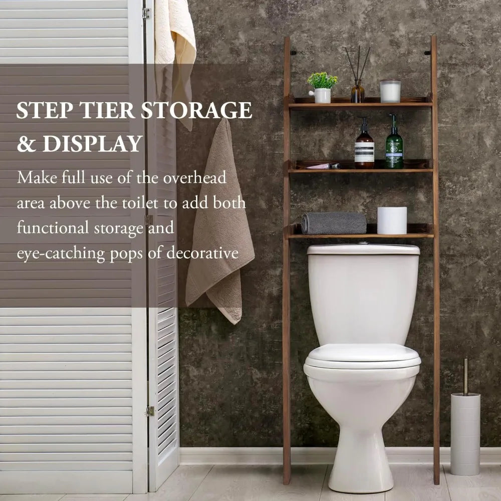 5.5 Foot Tall Rustic Burnt Wood Over Toilet 3-Tier Standing Shelf Bathroom Organizer