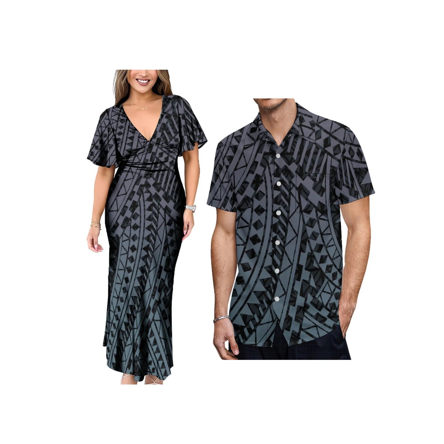 New 1MOQ Custom Print Polynesian Island Style Dress Neck Bels Flare Sleeve Long Dress Big People Size Party Dress