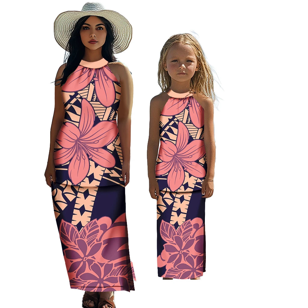 Polynesian Tribal Matching Family Outfits Samoan Puletasi Dress Toddler Girls Dresses Kids Clothes
