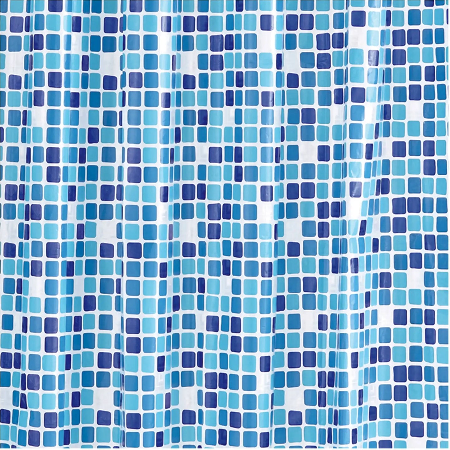 Shower Curtain Set: Blue PEVA Curtain with 12 Roller Shower Hooks, Mosaic Medallion Design