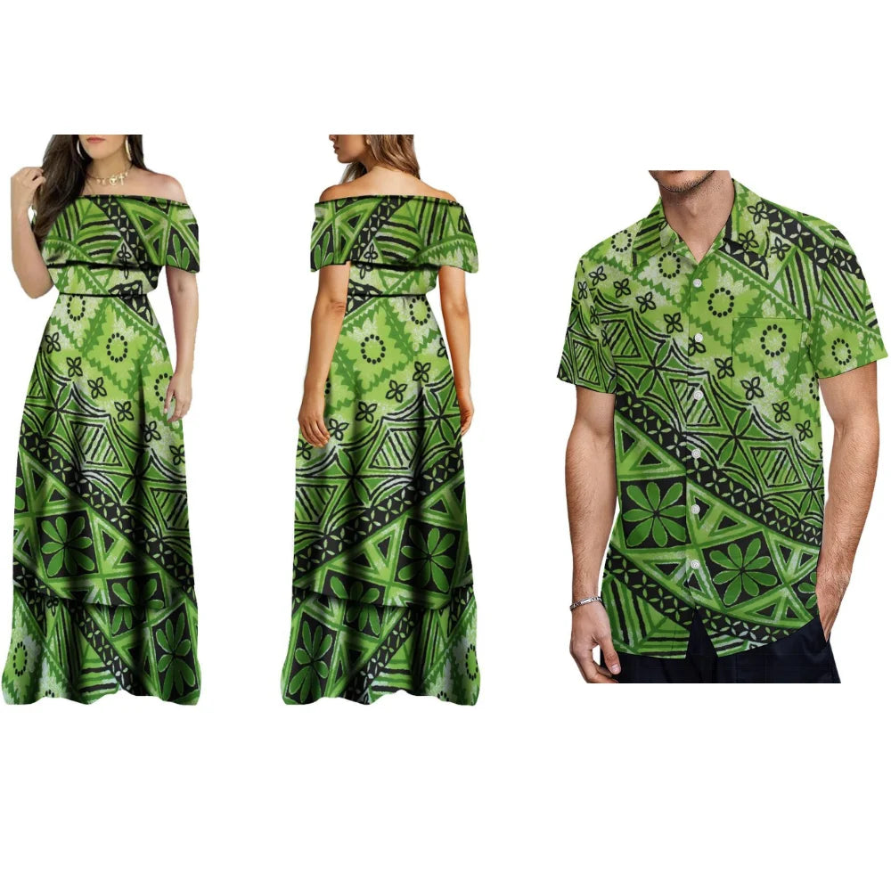 Hawaiian Floral Print Women'S Off-The-Shoulder Long Dress Cocktail Evening Dress And Men's Shirt Polynesian With Couple Suits