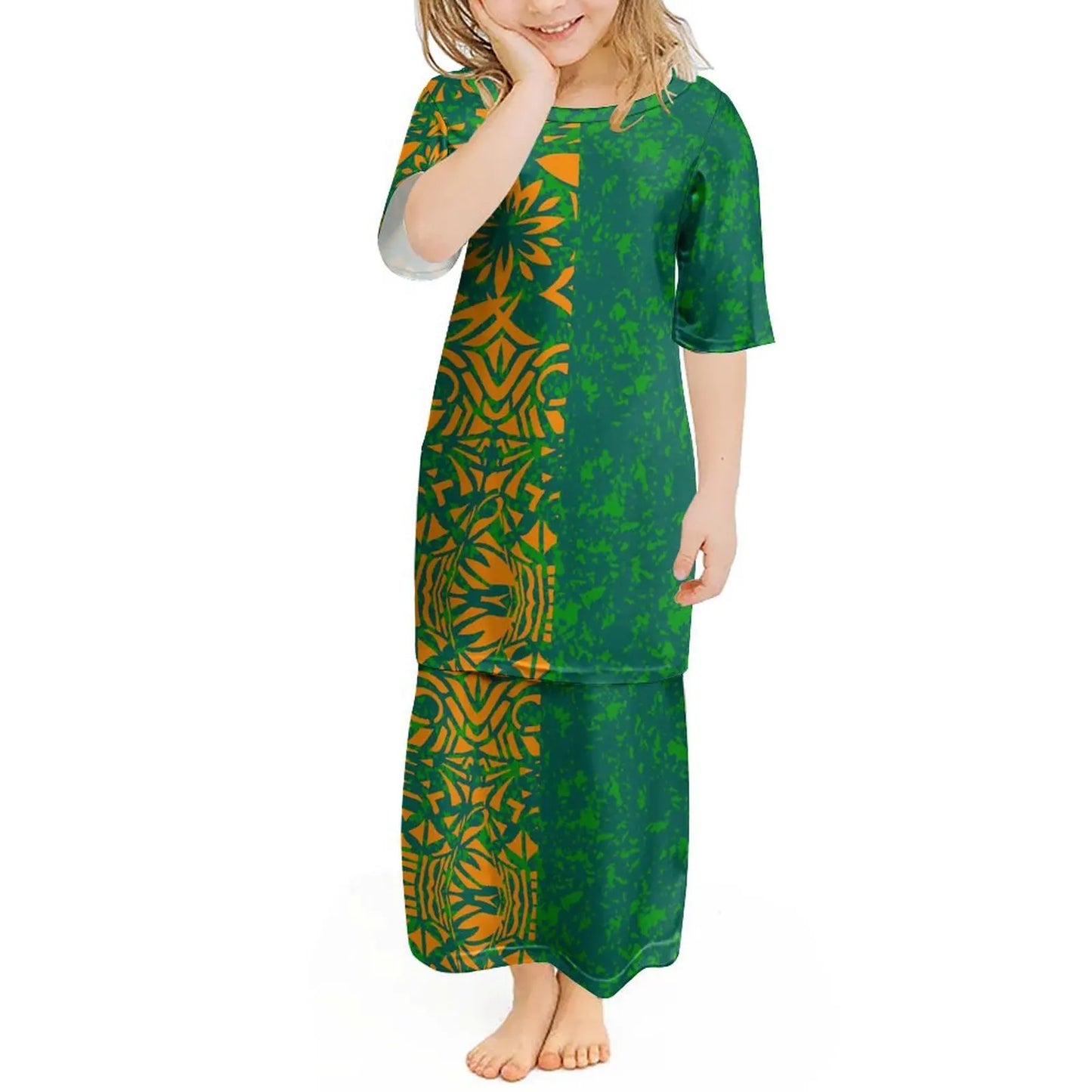 Custom Polynesian Girls Puletasi Pacific Island Floral Print Summer Crewneck Short Sleeve Maxi Party Kids Set Dress
