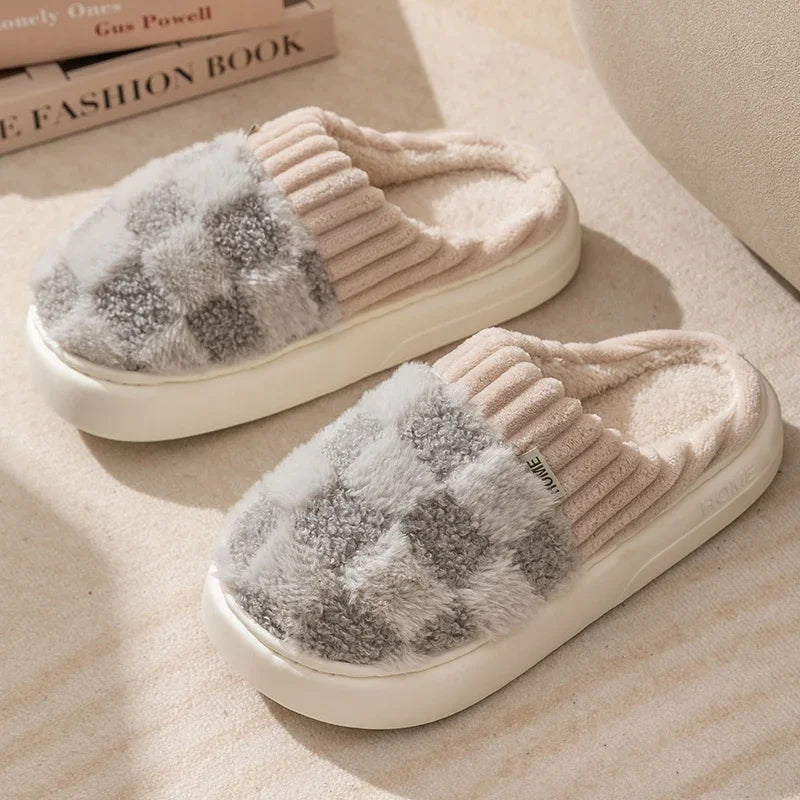 Cotton slippers for women spring autumn winter indoor anti slip home warm home winter fur plush couple men