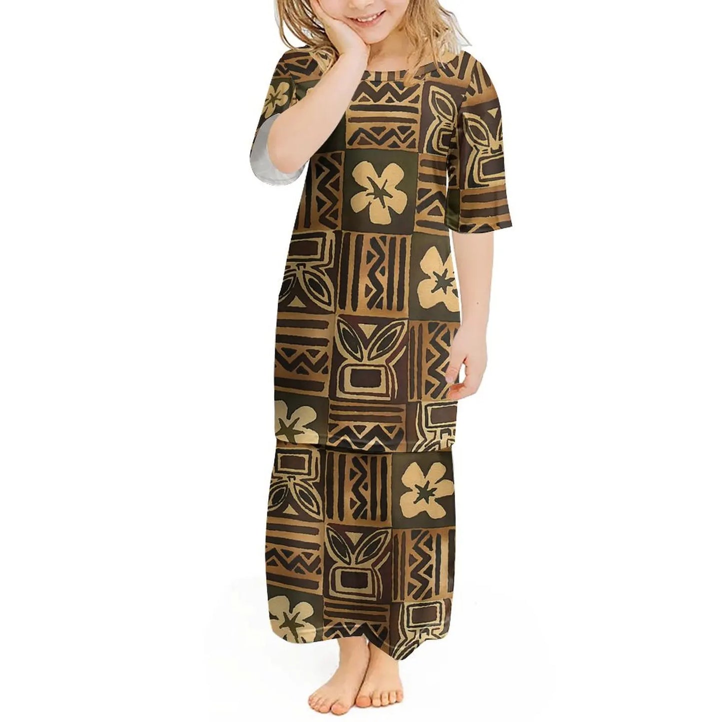 Custom Polynesian Girls Puletasi Pacific Island Floral Print Summer Crewneck Short Sleeve Maxi Party Kids Set Dress