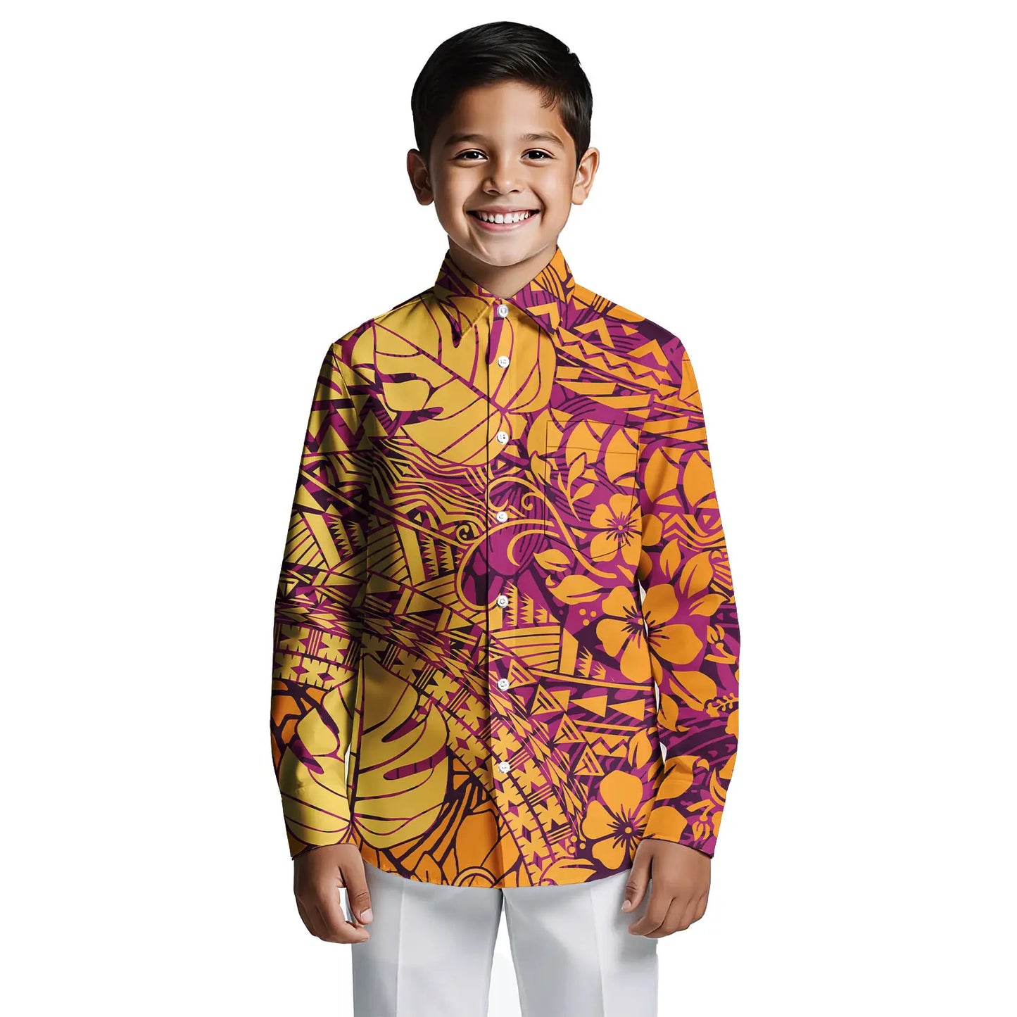 Custom Print on Demand Boys Beach Tropical Hawaii Shirt Boy Polynesian Tribal Button Down Aloha Long Sleeve Boys Shirts