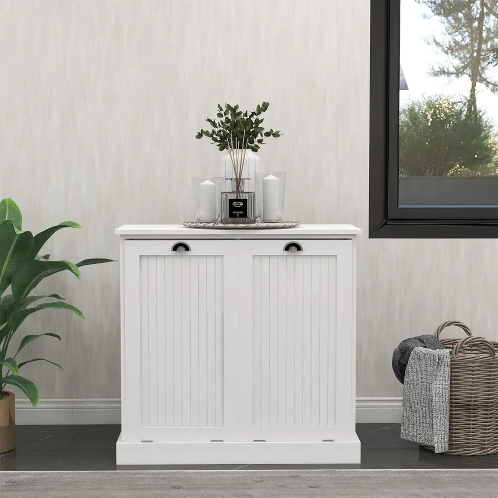 Modern Double Tilt-Out Laundry Hamper Cabinet with Removable Fabric Baskets for Wooden Bathroom Storage