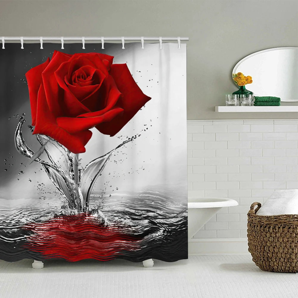Red Rose Bathroom Four-piece Set - Avant-garde Waterproof Shower Curtain, creating a complete bathroom kit
