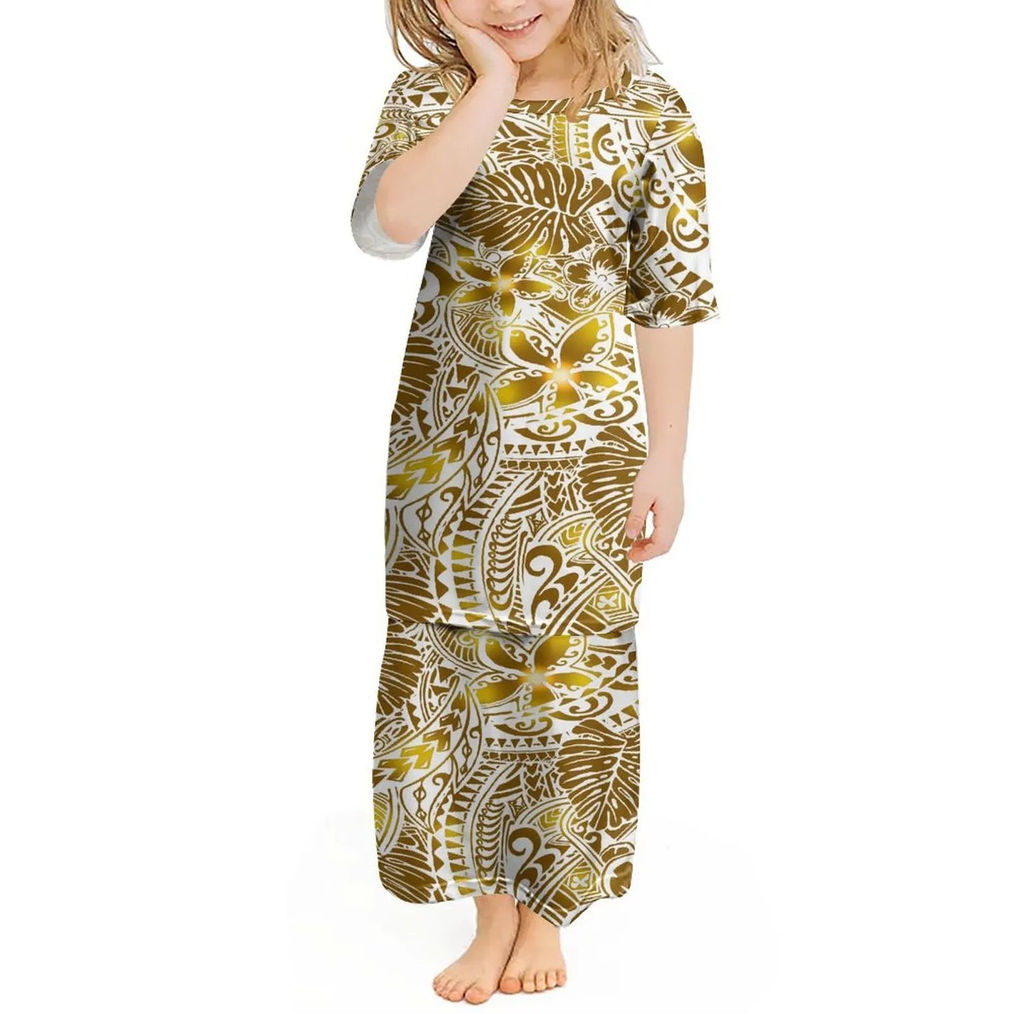 Custom Polynesian Girls Puletasi Pacific Island Floral Print Summer Crewneck Short Sleeve Maxi Party Kids Set Dress