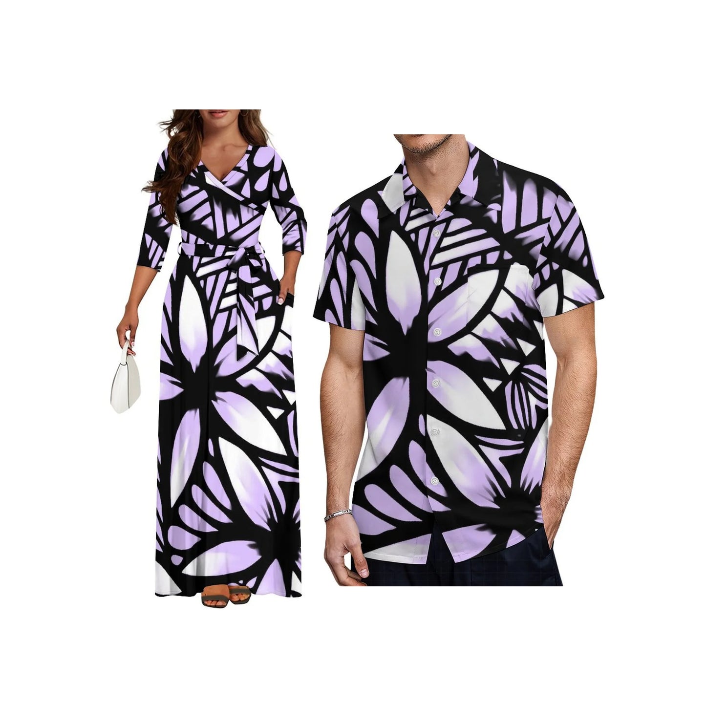 Wholesale Custom Half Sleeve V Neck Tie-Up Long Dress Polynesian Tribal Design High Waist Belt Pocket Ladies Dress
