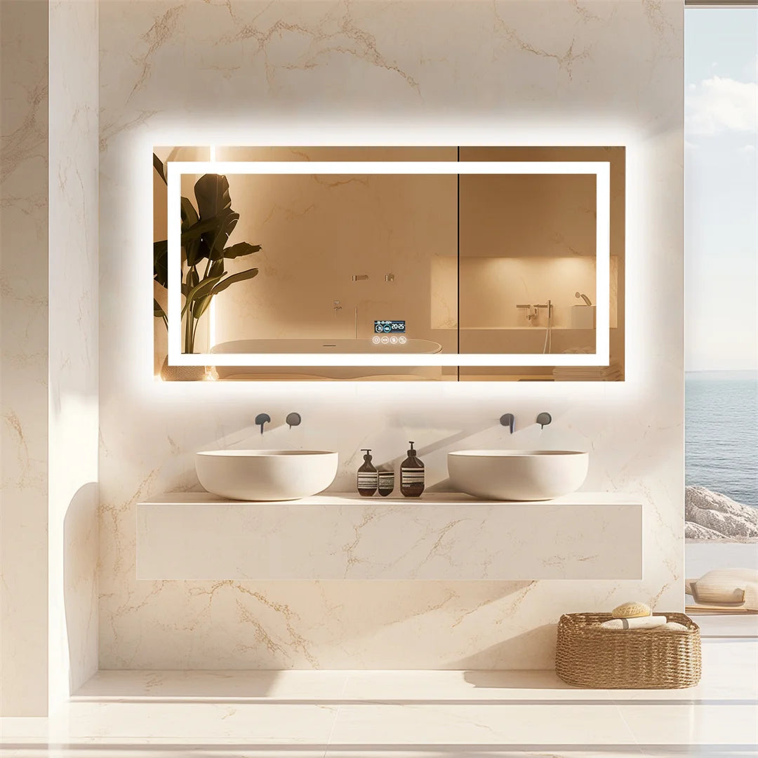 Large Illuminated Bluetooth Bathroom Mirror Rectangle Anti-fog LED Bathroom Vanity Mirror with Bluetooth Speaker 3 Color