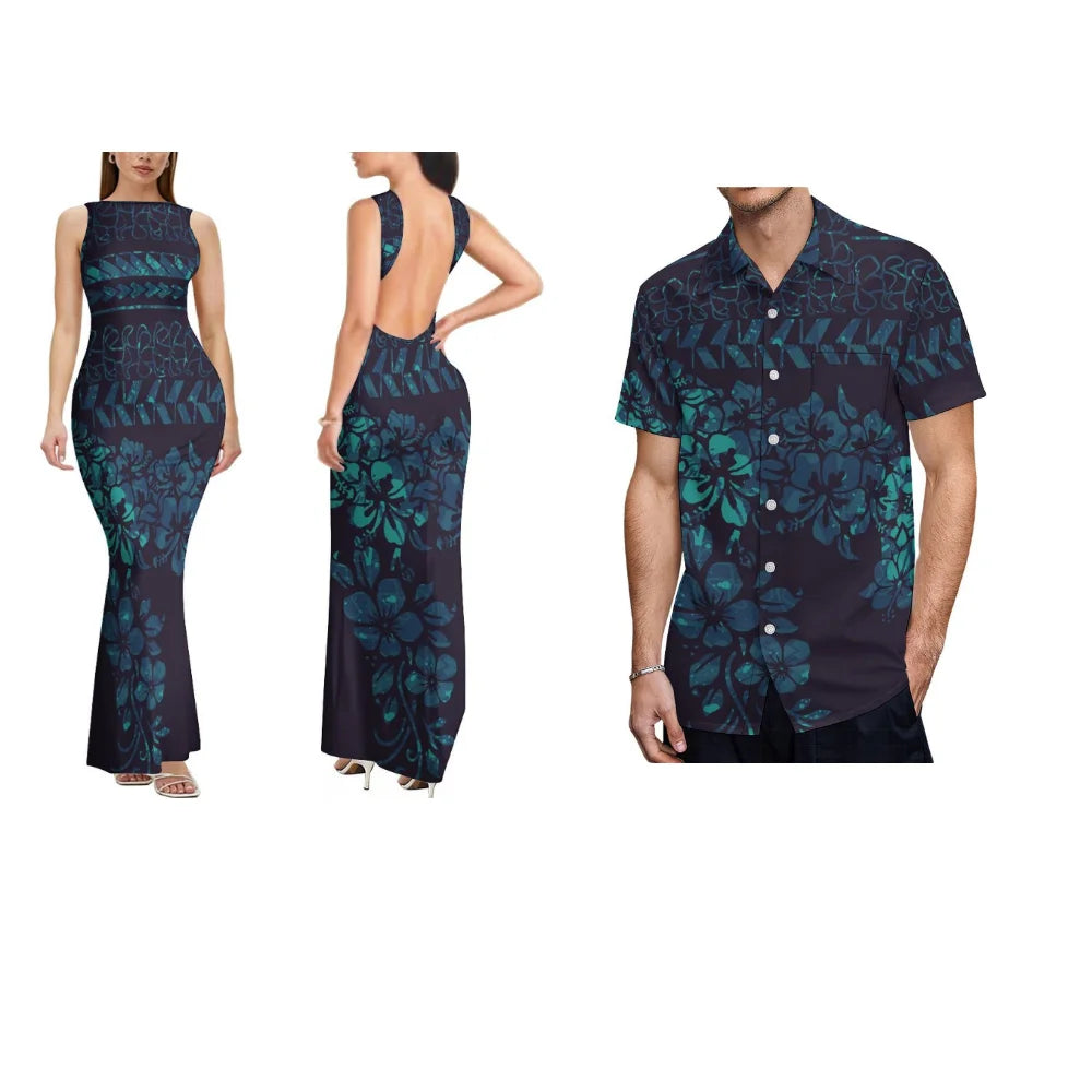 Summer Comfortable And Soft Fabric Couple'S Dress Women'S Dress Floral Design Backless Sleeveless Long Fitted Dress Men'S Shirt