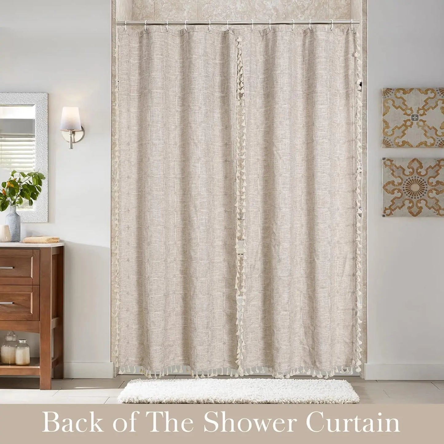 Tan Boho Double Swag Shower Curtain, Polyester Linen Fabric for Farmhouse Bathroom Decor with Hooks, 72x72 Inches