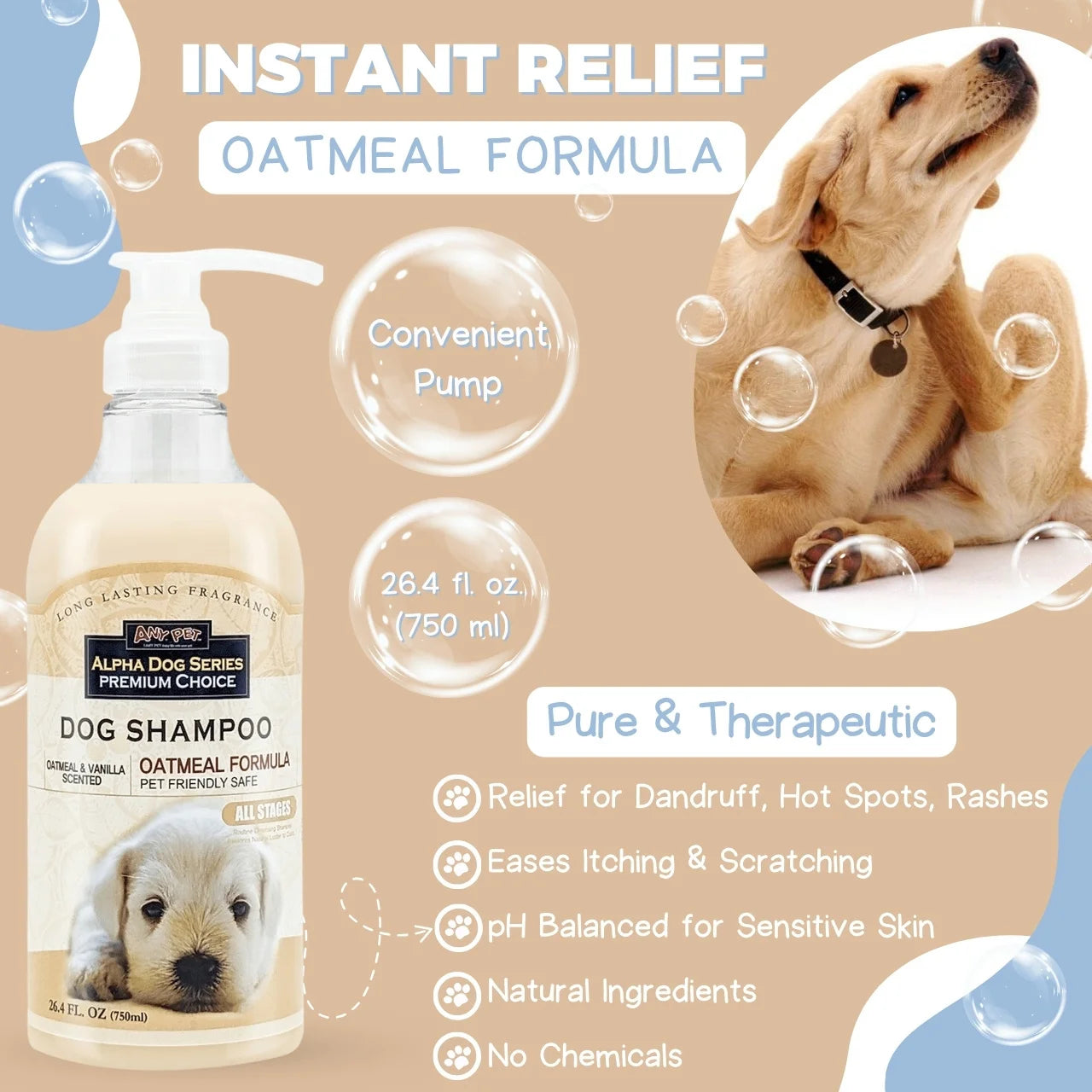 Oatmeal Grooming Shampoo with Aloe Vera, pH-Balanced, Tear-Free, Long-Lasting Fragrance, Gentle Dog Shampoo.