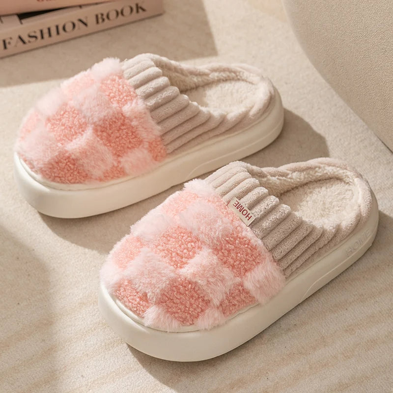 Cotton slippers for women spring autumn winter indoor anti slip home warm home winter fur plush couple men