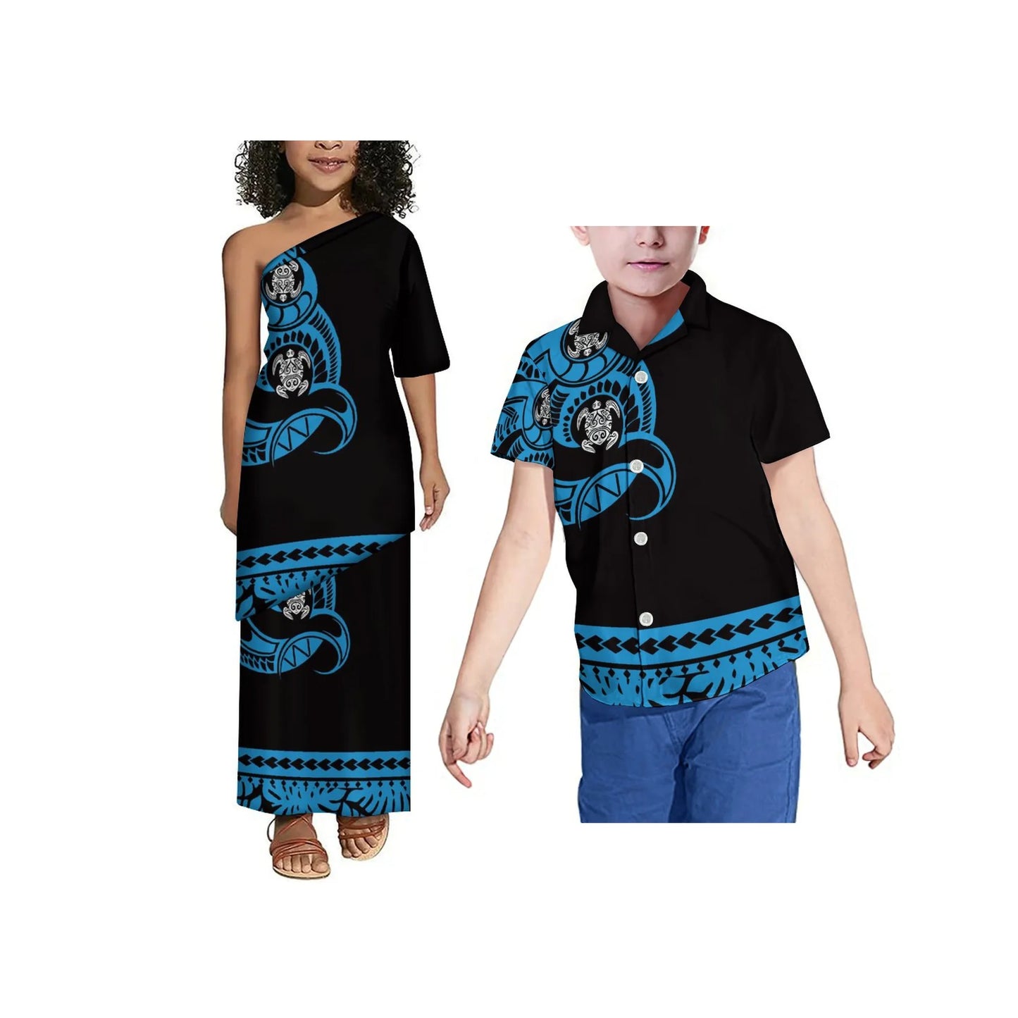 Drop Shipping Tonga Polynesian Tribal Print Summer Kids Off Shoulder Short Sleeve Dress Samoan Puletasi Clothes 2 Pieces Sets