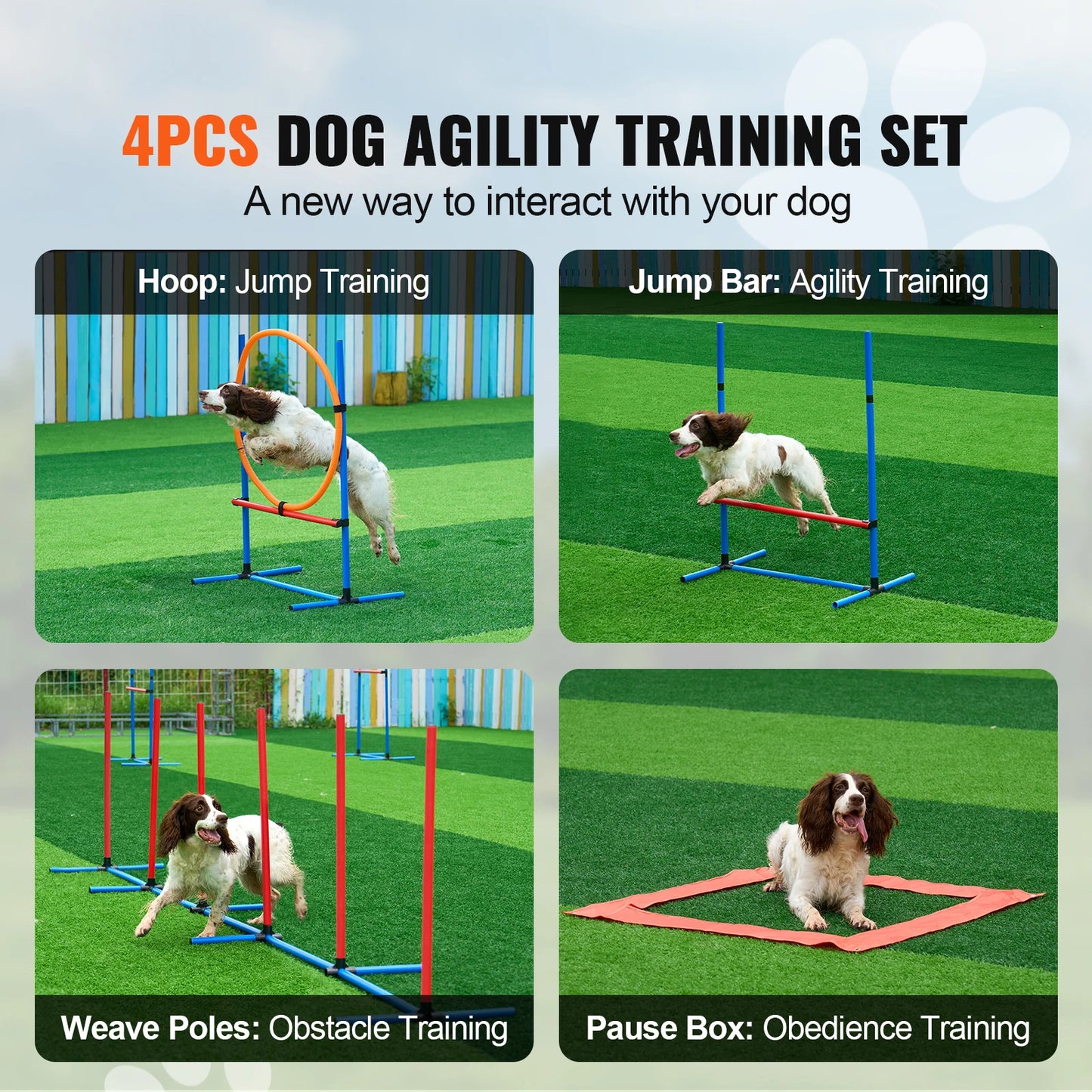 SucceBuy Dog Agility Training Equipment 4 PCS Set with Adjustable High Hurdles 6 Weave PolesJump Ring Square Pause Box Whistle