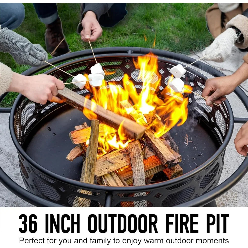 Outdoor Wood Burning Firepit with Removable Grill & Poker, Heavy Duty Metal Round Fireplace,2 in 1 Large Round Customized