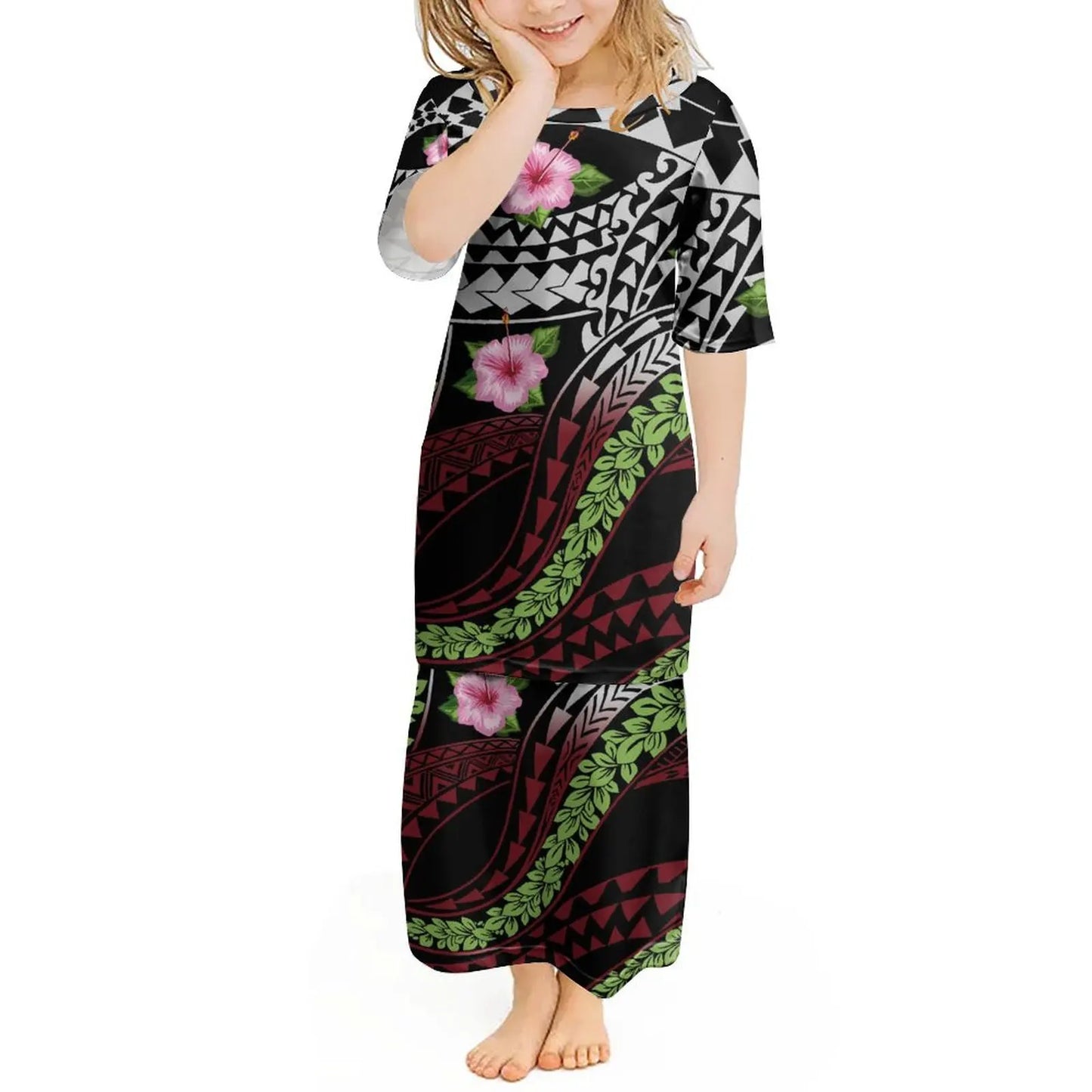Custom Polynesian Girls Puletasi Pacific Island Floral Print Summer Crewneck Short Sleeve Maxi Party Kids Set Dress