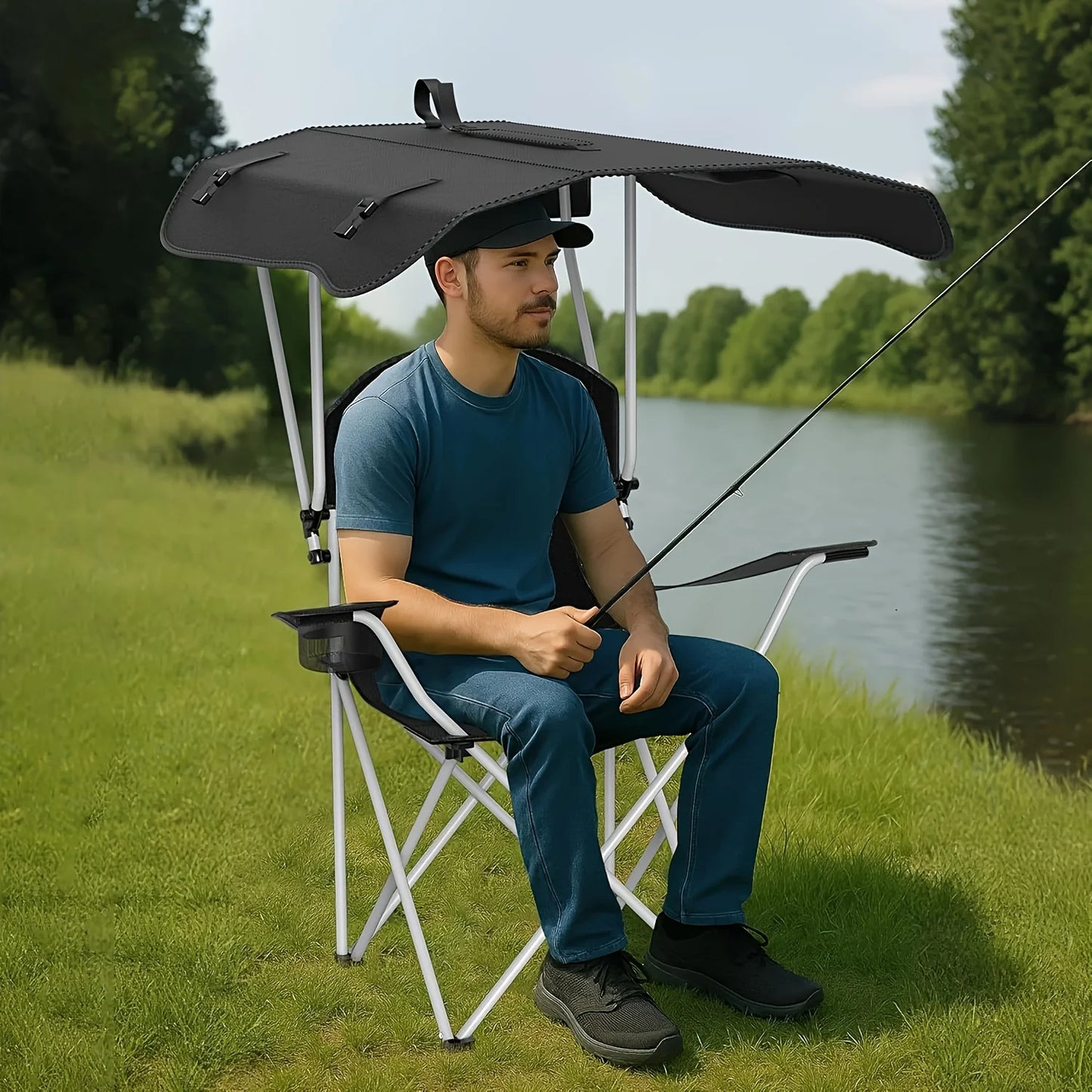 Portable folding fishing chair with sunshade - equipped with cup holder, portable and lightweight design, suitable for beaches