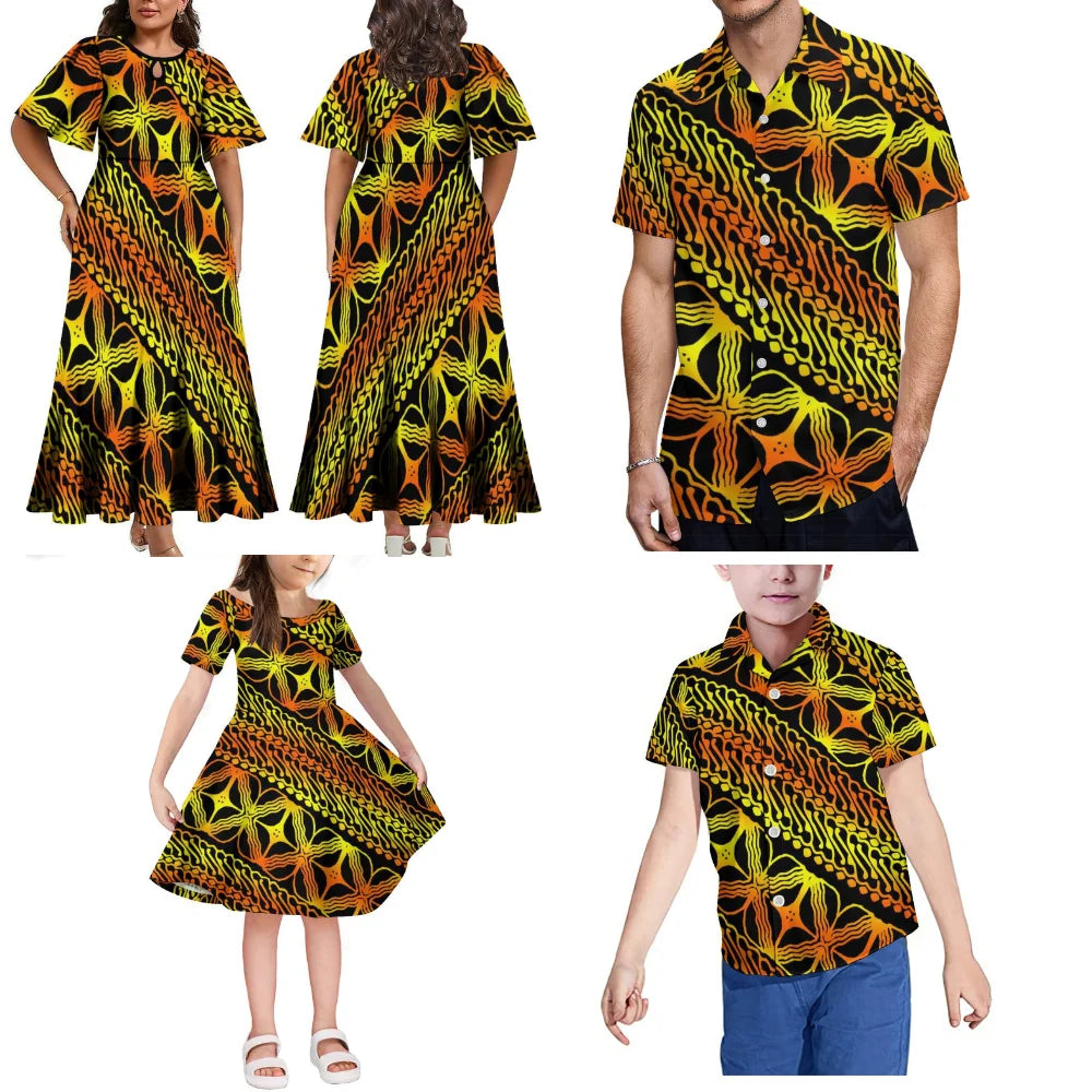 Summer Short Sleeve Fiji Island Style Women's Dress Men's Shirt Polynesian Art Print Art Family Party Set