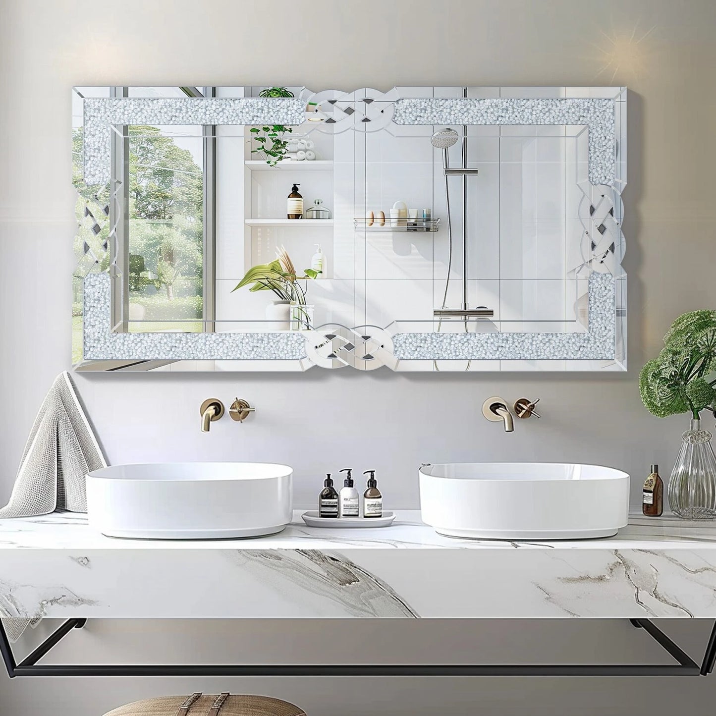 Crushed Diamond Wall Mirror Rectangular Glass Silver Vanity with Decorative Glam Bling Crystal Frame Edge