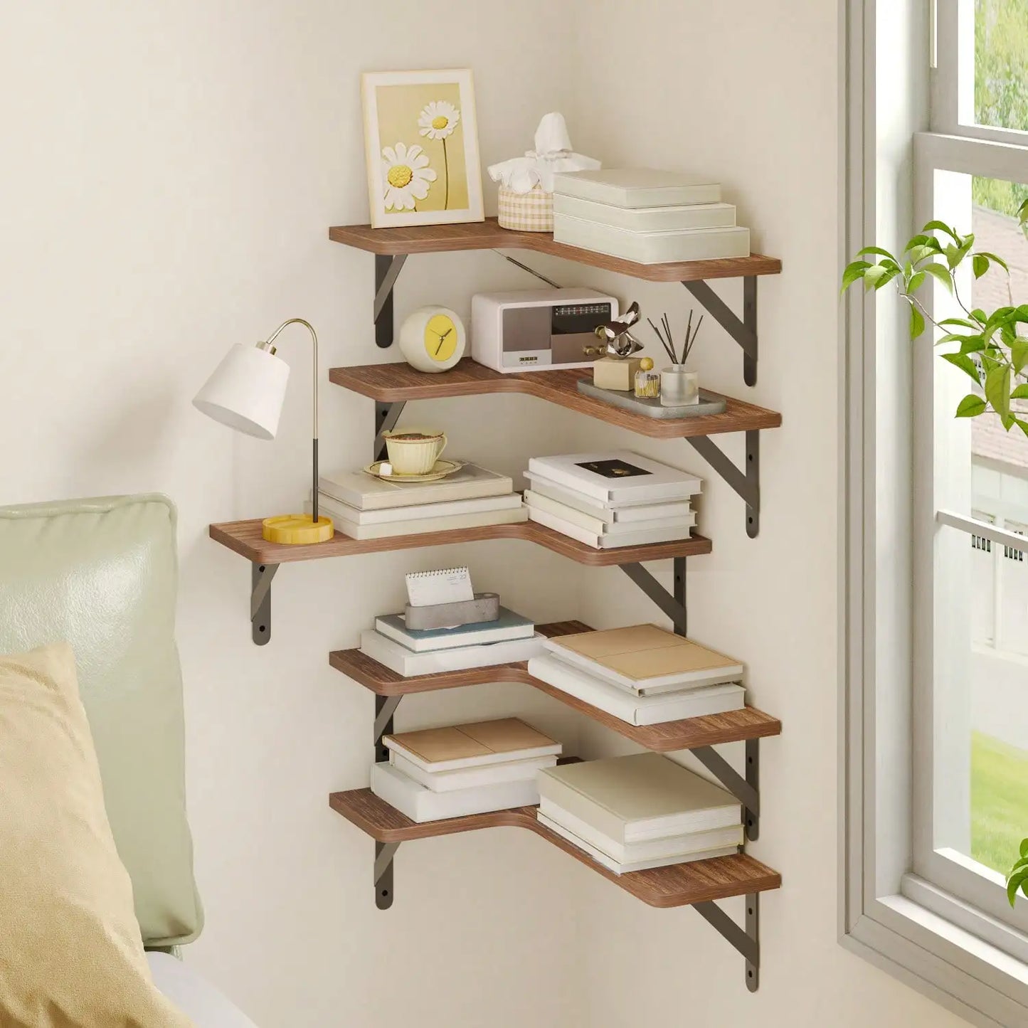 5pcs Corner Floating Shelves Rustic Wood Wall Mounted Shelf For Bathroom Kitchen Bedroom