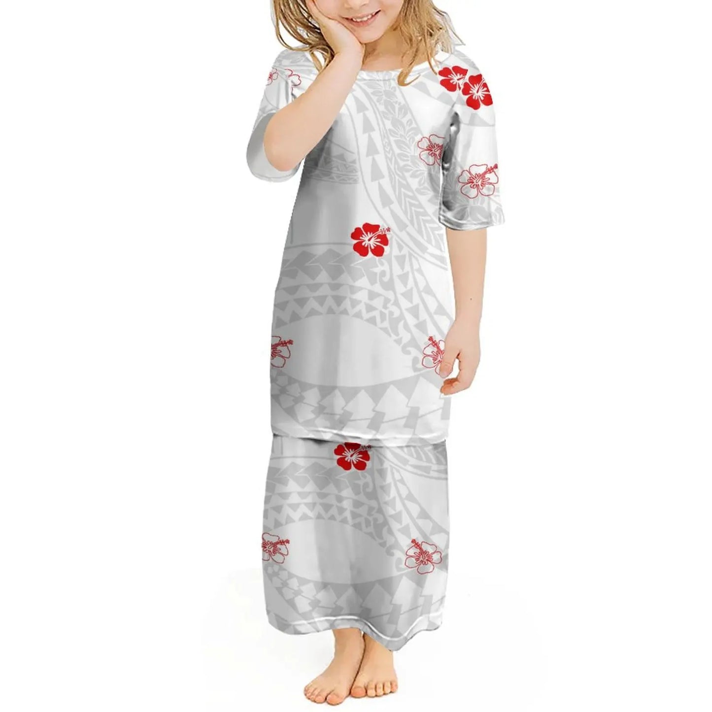 Custom Polynesian Girls Puletasi Pacific Island Floral Print Summer Crewneck Short Sleeve Maxi Party Kids Set Dress