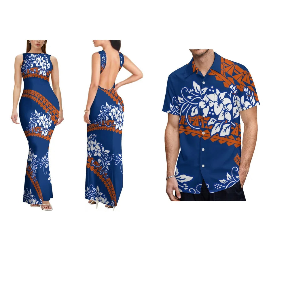 Summer Comfortable And Soft Fabric Couple'S Dress Women'S Dress Floral Design Backless Sleeveless Long Fitted Dress Men'S Shirt